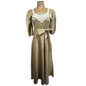 Vintage Gold Satin Gown White Floral Neckline Puff Sleeve Belted Maxi Dress